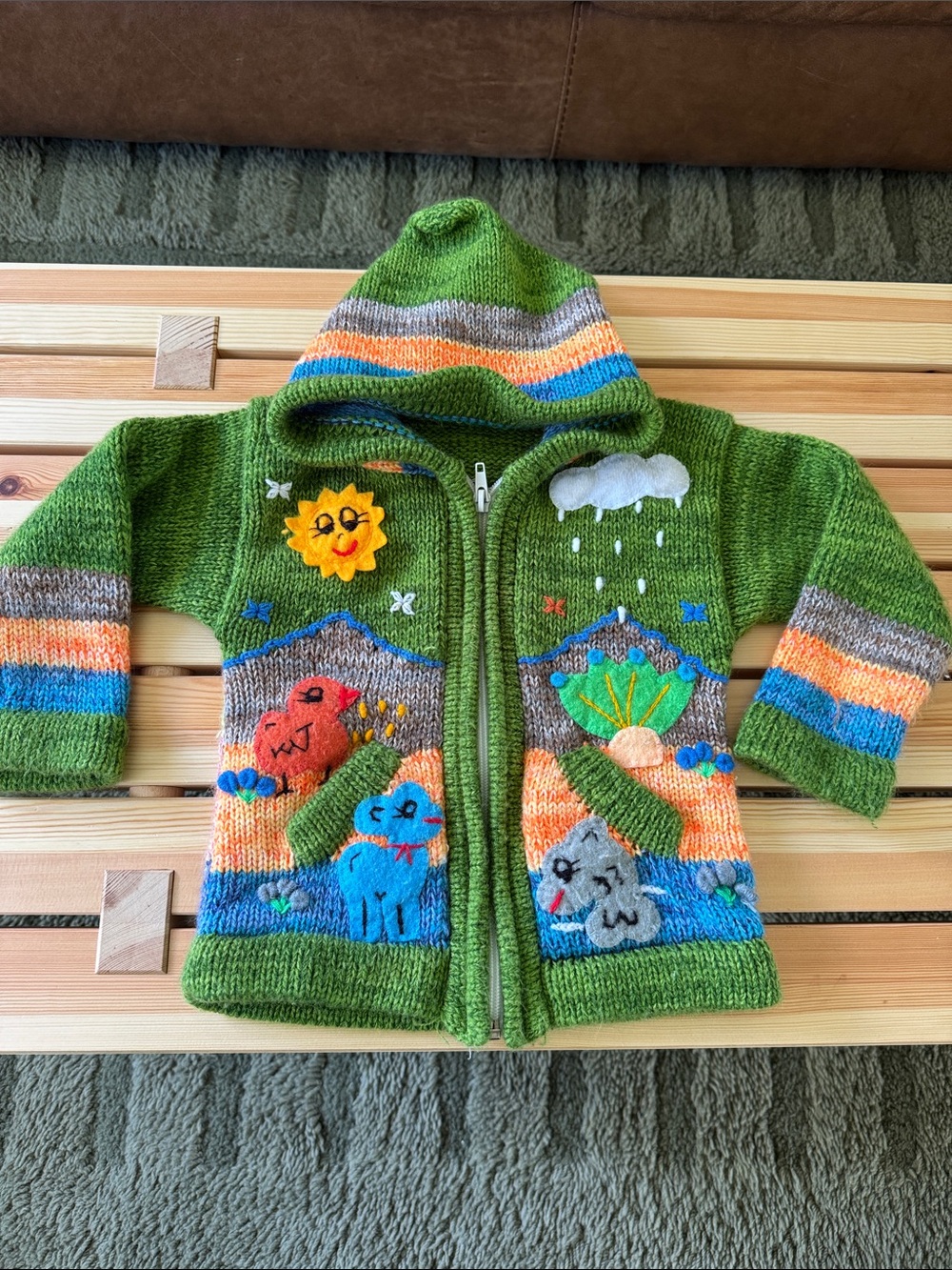 Green Hooded Kids Sweater Jacket with Animal Appliqués